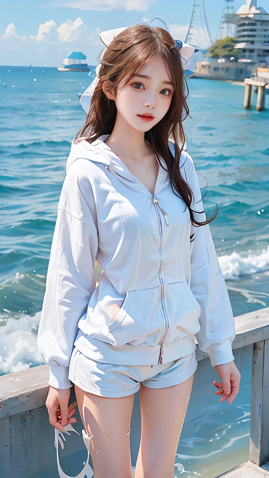 In the clear blue sea、Wearing a white hoodie fluttering in the wind、A woman wearing shorts、standing on the waves。Her hair is long、Shine white、Swaying in the waves。Red eyes