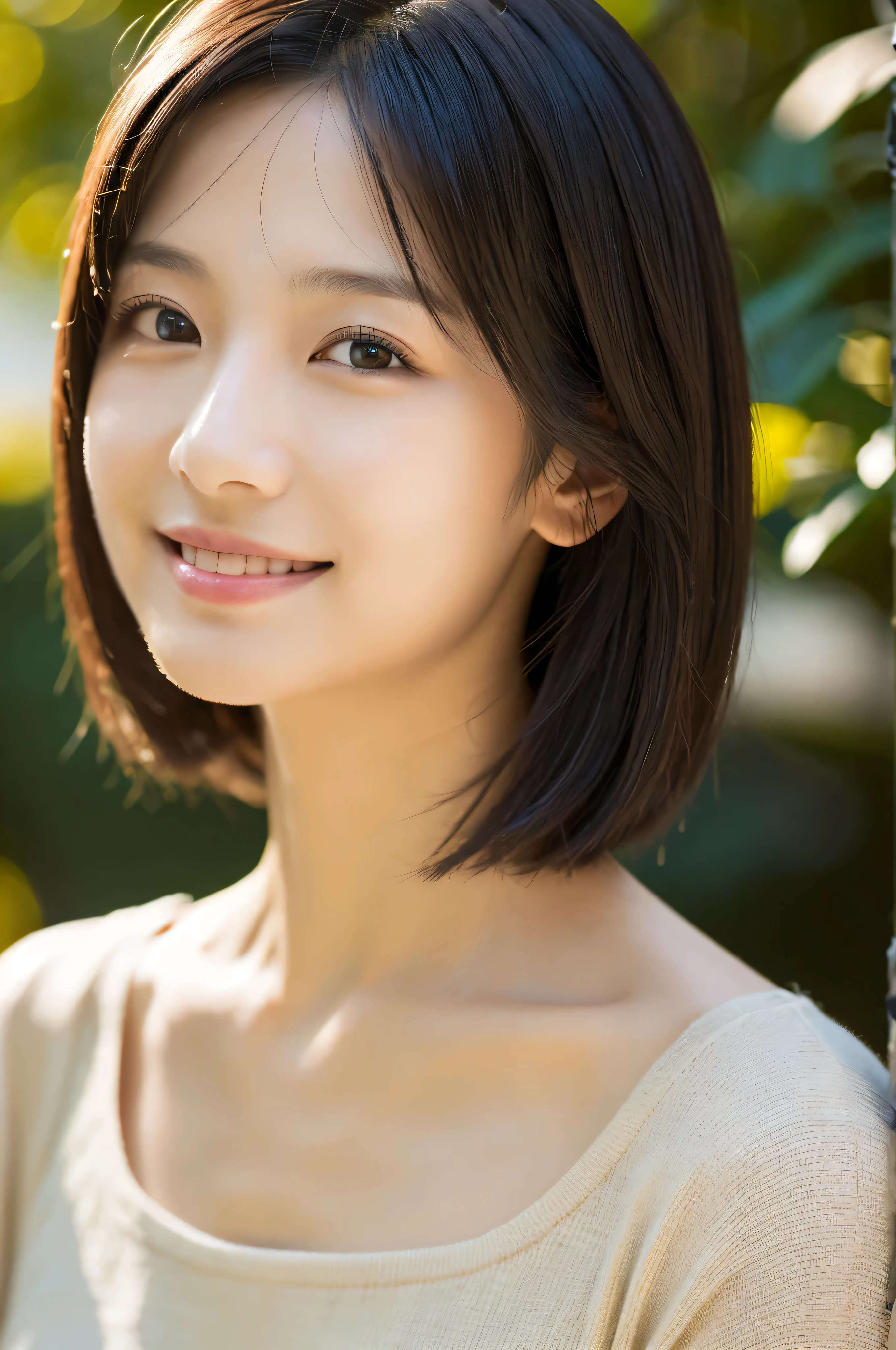 (masterpiece:1.3), (Photo realistic, Raw photography, top-quality: 1.4), Skinny Japanese woman, 29 years old, (1girl in), (Lifelike face), detailed face, detailed eyes, (A dark-haired, Short hair:1.3), (real looking skin), (Casual), Ultra high resolution, A hyper-realistic, high-detail,Background blur,City,building,office,garden,beige,sober,clear,Smile
