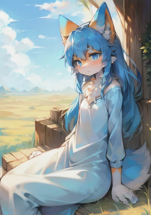 Fluffy, Lovely, woman, Blue fur, Small amount of orange fur, Light blue pupils, Pure white ears,Ear tip orange,Sky blue tail, Tail tip orange, Good shape, Bright sky, cloud, grassland, Solitary, 在grassland上,Sitting