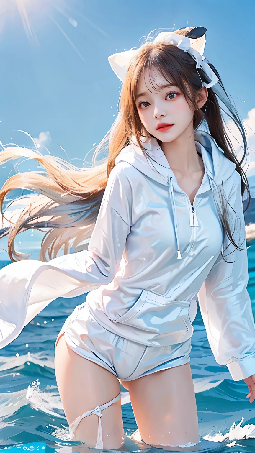 In the clear blue sea、Wearing a white hoodie fluttering in the wind、A woman wearing shorts、standing on the waves。Her hair is long、Shine white、Swaying in the waves。Red eyes