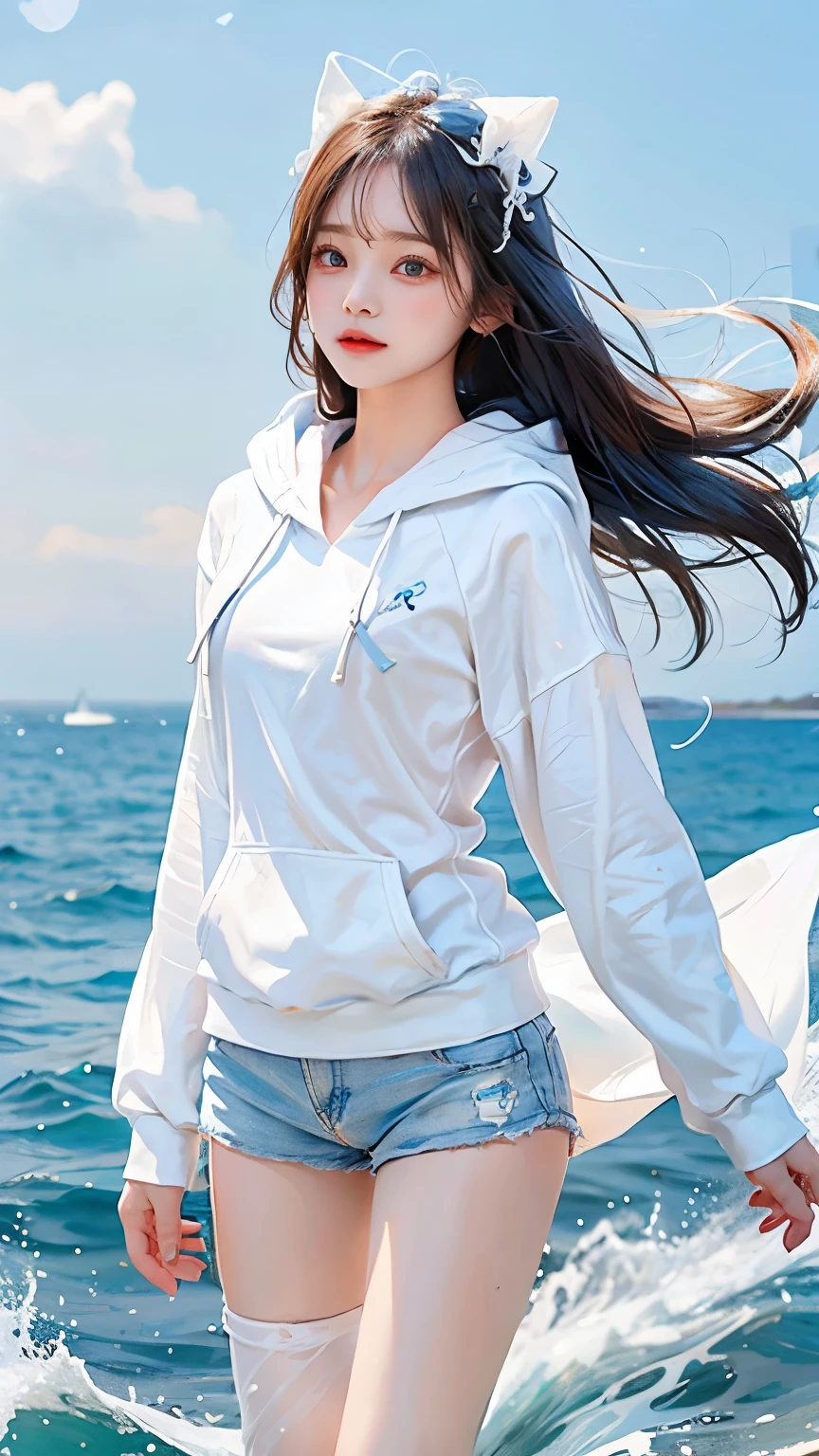 In the clear blue sea、Wearing a white hoodie fluttering in the wind、A woman wearing shorts、standing on the waves。Her hair is long、Shine white、Swaying in the waves。Red eyes