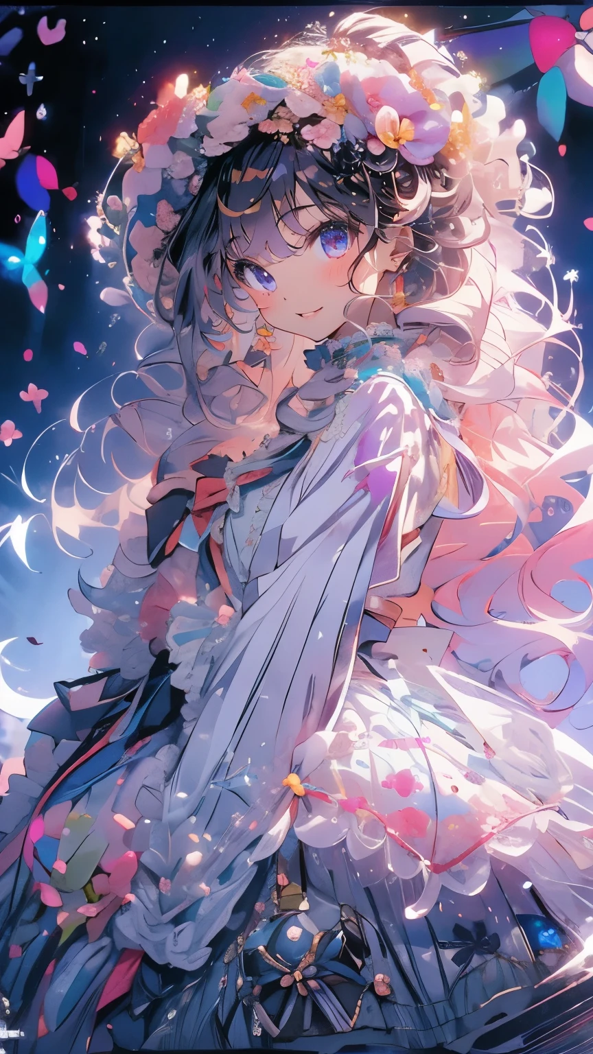 (Mastepiece)、(Best Quality)、Highly detailed face、Anime Girl、1 girl、Lolita Clothing、Fluffy long hair、Lots of flowers、butterfly々、petal、smile