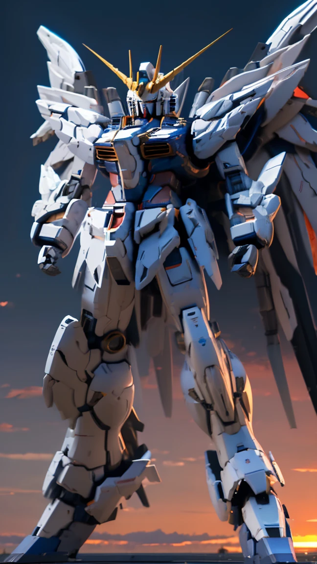 8K quality,(super masterpiece:1.3),highest quality,Detailed Images,One Gundam,Symmetrical Gundam,Blue fuselage,Both wings,Rifle in right hand,(The whole picture is visible,The whole body is visible,You can even see the feet),(Background,null,null中,Sunset,dusk).