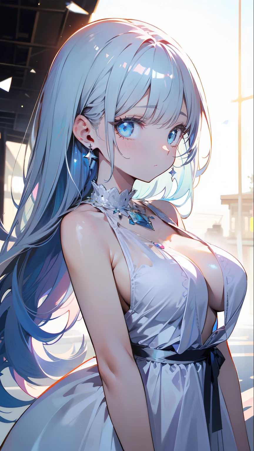 whole body、Full Shot、Perfect hand drawing、Beautiful body lines、1. Beauty, (Thick neck:1.4)、Thick body、(Broad shoulders:1.4)、(Deep cleavage:1.2) (Makes your face smaller)、(Pointed Chest:1.6)、Model Body Type、(F cup breasts:1.2)、、Sharp eyes、Big moist eyes、Impatience and embarrassment:1.2、Sax Blue, Platinum Earrings, Platinum Necklace, White Dress, One girl, cute, (Dynamic Lighting:1.2), Cinema Lighting, Delicate facial features, Fine grain, Depth of written boundary, Bokeh, Sharp focus, (Ultra-detailed, bloom, Shine:1.4), Lots of little gems