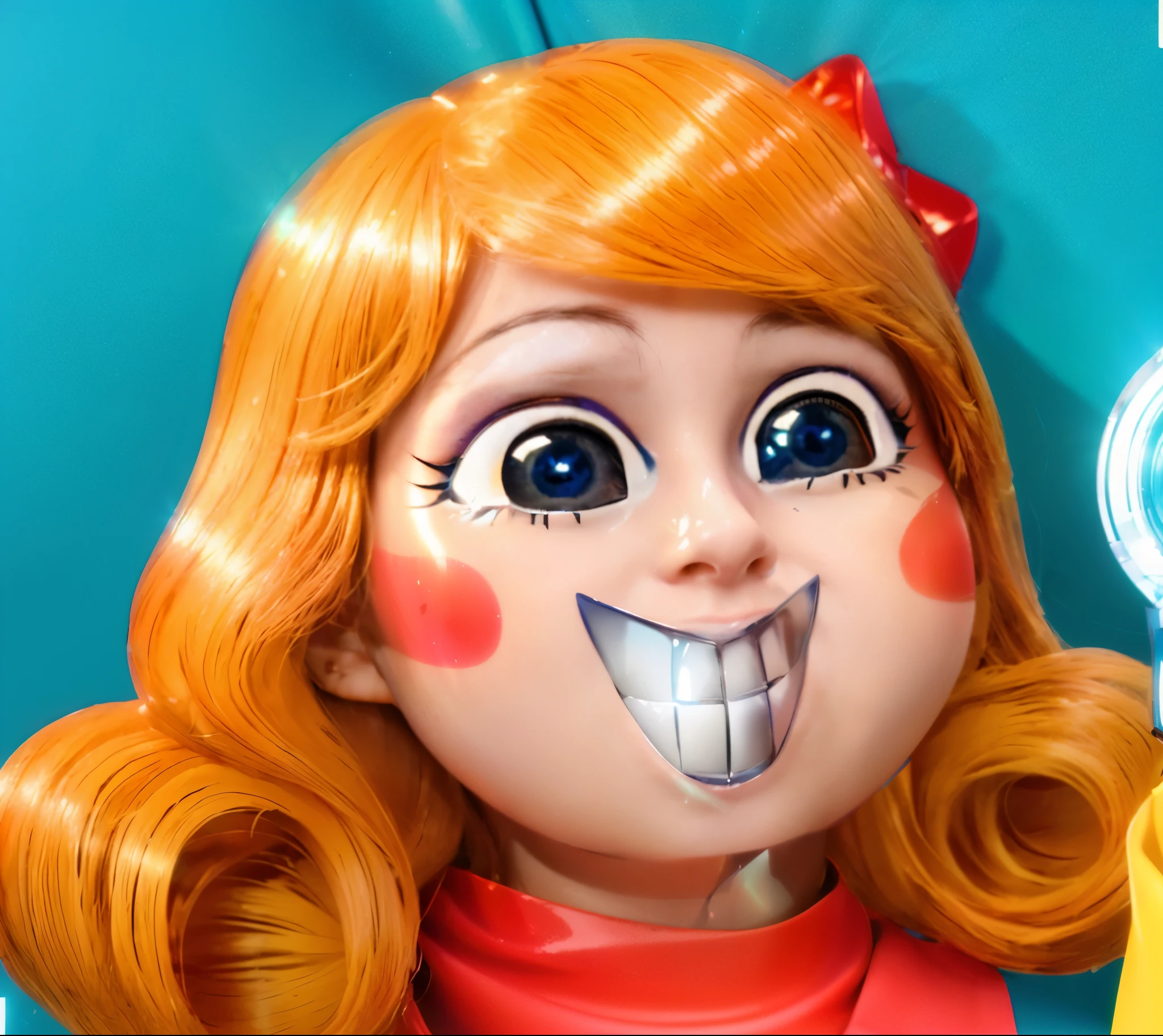 A cartoon girl with a huge smile and red hair is peeking out from a baby bag. laying on a blue background blanket., glossy texture, smooth 3d model, multiple light sources, rim light, sharp post effects render, (glossy plastic texture with multiple big light probe refractions), perfect cgi, smooth silhouette, high intensity refraction, (super glossy material), most beautiful vfx, blue background, plastic refractions, realistic, 4k, high resolution, rim light, photo shoot, commercial photo, profile shot, 4k, rim light, high resolution, 4k, glossy texture, smooth 3d model, multiple light sources, rim light, sharp post effects render, (glossy metallic texture with multiple big light probe refractions), perfect cgi, cgi art created only with gradients, smooth silhouette, high intensity refraction, (super glossy chrome material), most beautiful vfx, blue background, chrome metal refractions, multiple light sources, rim light, sharp post effects render, perfect cgi, digital art, detailed digital art, reflective, best quality, 4k, masterpiece:1.2, ultra-detailed, realistic, vivid colors, dark and moody lighting, The image of the highest quality, ensuring every detail showcased perfectly. It in 4k resolution, allowing viewers to immerse themselves in the richness of the colors and intricate details. The realistic rendering. under the spotlight, reflecting, high-resolution image, realistic rendering, dark background, and rim light photorealistic