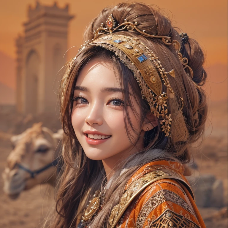 Hide in the desert、Hair flows、 ((highest quality、masterpiece、8k、best image quality、ultra high resolution、Award-winning work)、(accurate anatomy:1.1)、(look at me and smile:1.1)、Shining fair skin with ultra high resolution、most detailed face、ultra high resolution detailed face、ultra high resolutionの髪の毛、(ultra high resolutionの煌めく瞳:1.1)、Beautiful face drawn in every detail、(blurred background:1.1)、ancient Islamic clothes, chest together, tattoo, Old ruins in the background、ride a camel