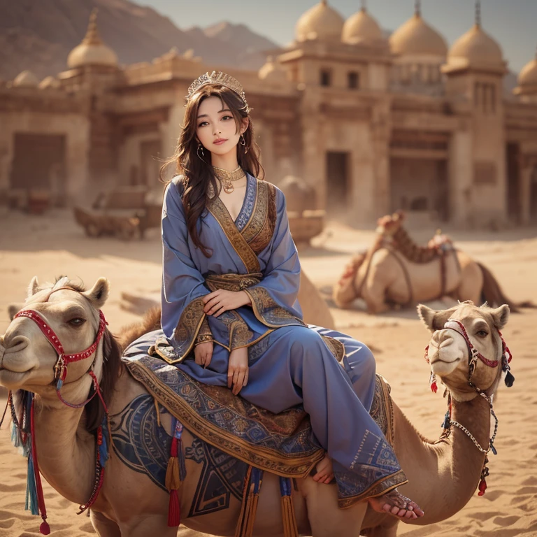 Hide in the desert、Hair flows、 ((highest quality、masterpiece、8k、best image quality、ultra high resolution、Award-winning work)、(accurate anatomy:1.1)、(look at me and smile:1.1)、Shining fair skin with ultra high resolution、most detailed face、ultra high resolution detailed face、ultra high resolutionの髪の毛、(ultra high resolutionの煌めく瞳:1.1)、Beautiful face drawn in every detail、(blurred background:1.1)、ancient Islamic clothes, chest together, tattoo, Old ruins in the background、ride a camel 