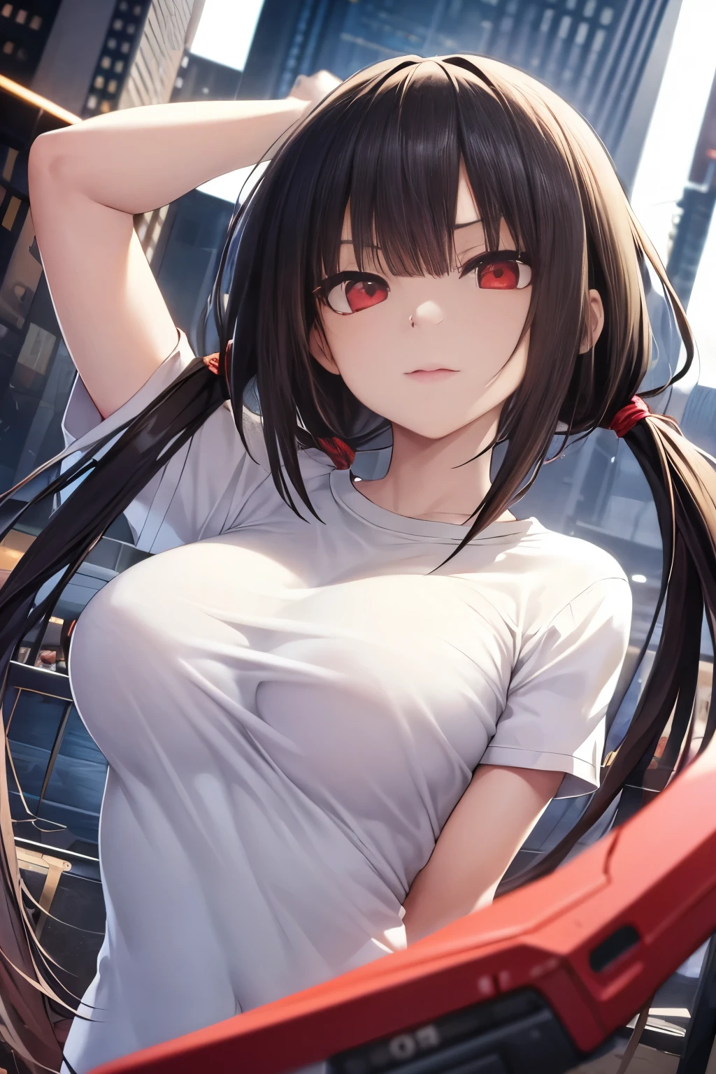 Optimal，masterpiece，High resolution，highest quality，Hyper HD，Very detailed，Award-winning，16k，alone，（Upper Body），Correct Anatomy，Beautiful Cyberpunk Girl，Upper Bodyの写真、Cute face，，Black Hair、Long Hair、Twin tails、Hairline，（（Scarlet Eyes）），Long eyelashes，Drooping eyelids，White skin，((Shoot from the front:1.5)), ((Tight T-shirt:1.5)), ((Clock Top:1.5))、rocket , (Large Breasts),