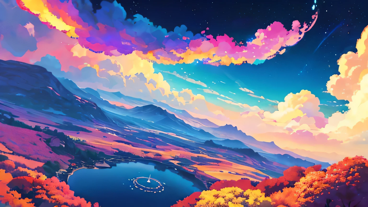 Pixelated park with floating inter-dimensional portal offers glimpse into alternate realities. Each portal emits a different color, Curious people explore the border between their world and the pixelated landscape.