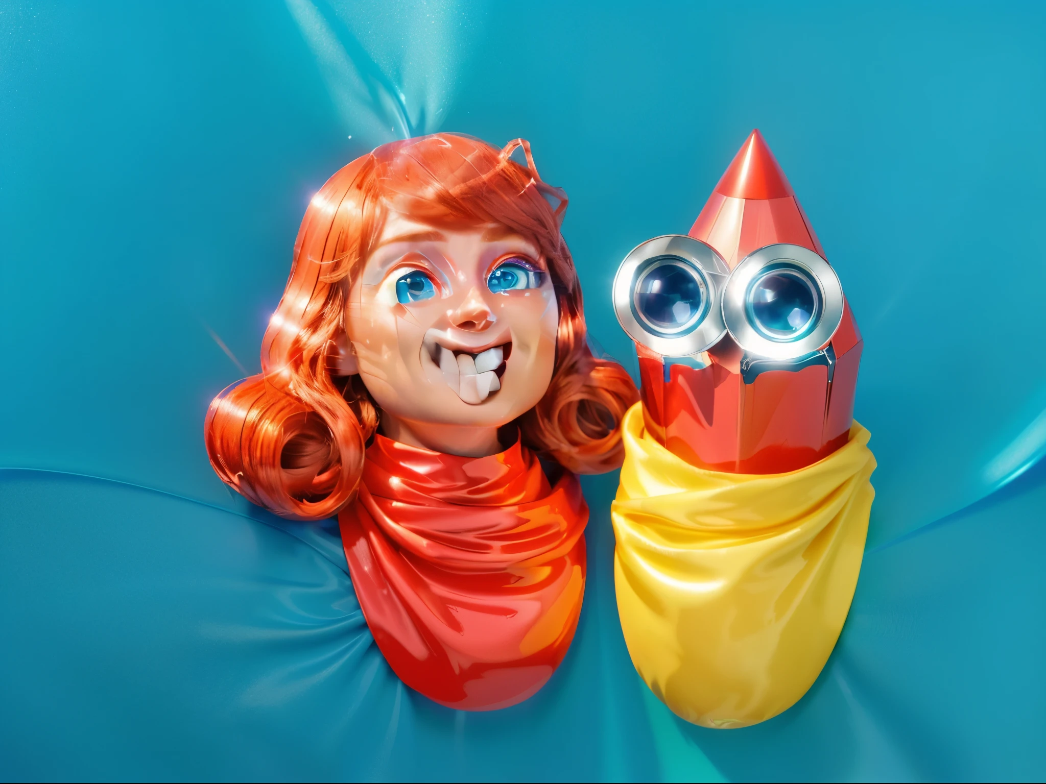 A cartoon girl with a huge smile and red hair is peeking out from a baby bag. Next to her is a red pencil character with eyes crying, also wrapped in a blanket. Both are laying on a blue background blanket., glossy texture, smooth 3d model, multiple light sources, rim light, sharp post effects render, (glossy plastic texture with multiple big light probe refractions), perfect cgi, smooth silhouette, high intensity refraction, (super glossy material), most beautiful vfx, blue background, plastic refractions, realistic, 4k, high resolution, rim light, photo shoot, commercial photo, profile shot, 4k, rim light, high resolution, 4k, glossy texture, smooth 3d model, multiple light sources, rim light, sharp post effects render, (glossy metallic texture with multiple big light probe refractions), perfect cgi, cgi art created only with gradients, smooth silhouette, high intensity refraction, (super glossy chrome material), most beautiful vfx, blue background, chrome metal refractions, multiple light sources, rim light, sharp post effects render, perfect cgi, digital art, detailed digital art, reflective, best quality, 4k, masterpiece:1.2, ultra-detailed, realistic, vivid colors, dark and moody lighting, The image of the highest quality, ensuring every detail showcased perfectly. It in 4k resolution, allowing viewers to immerse themselves in the richness of the colors and intricate details. The realistic rendering. under the spotlight, reflecting, high-resolution image, realistic rendering, dark background, and rim light photorealistic