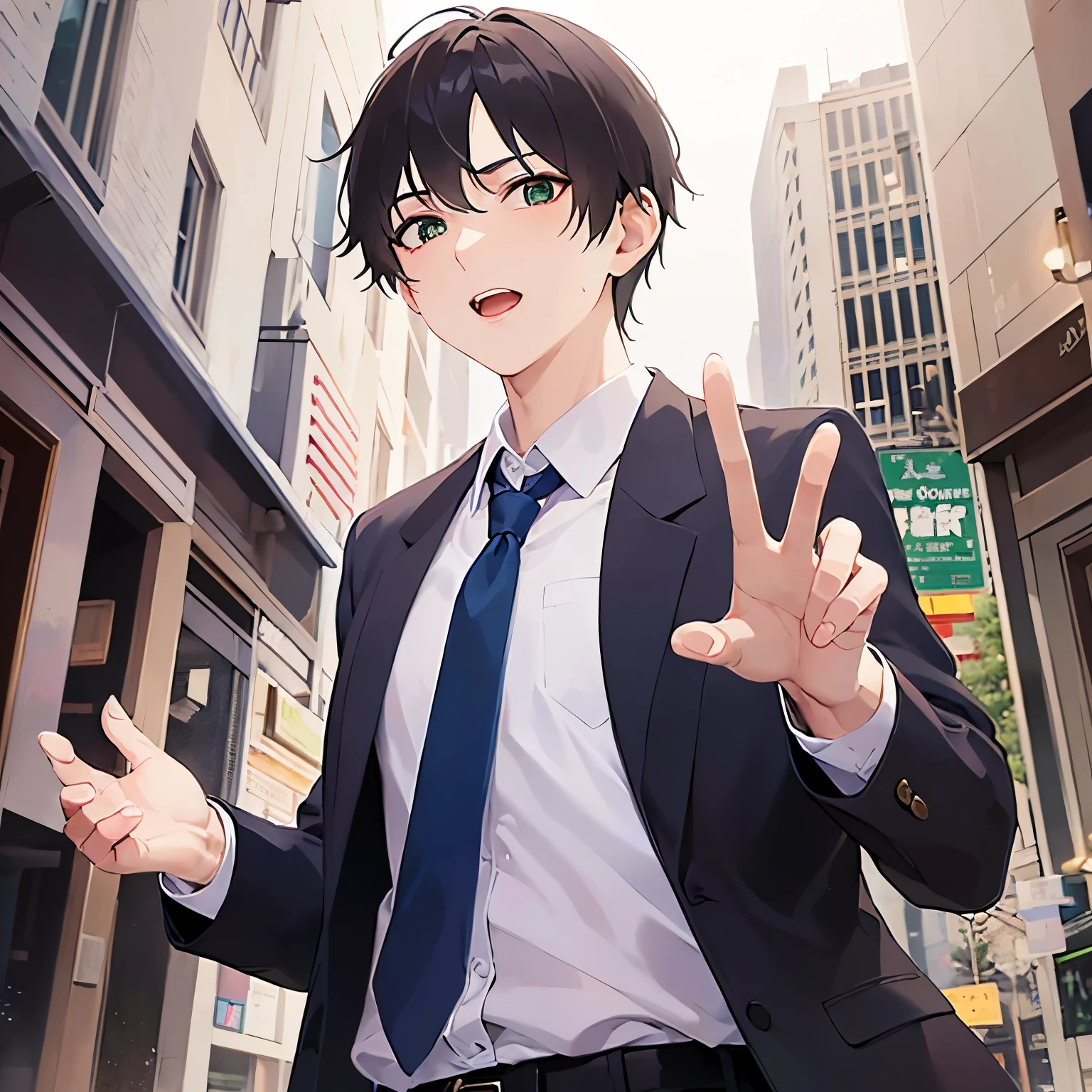 hands up、Shooting from below、masterpiece、highest quality、(25-year-old male:1.5) and (Brown short hair) and (Green Eyes), (Wearing a suit) and (White shirt) and (Blue tie)、Are standing、(confused:1.5)、open mouth, The background is a shopping street at night、(Alone:1.5)、Upper body is shown、