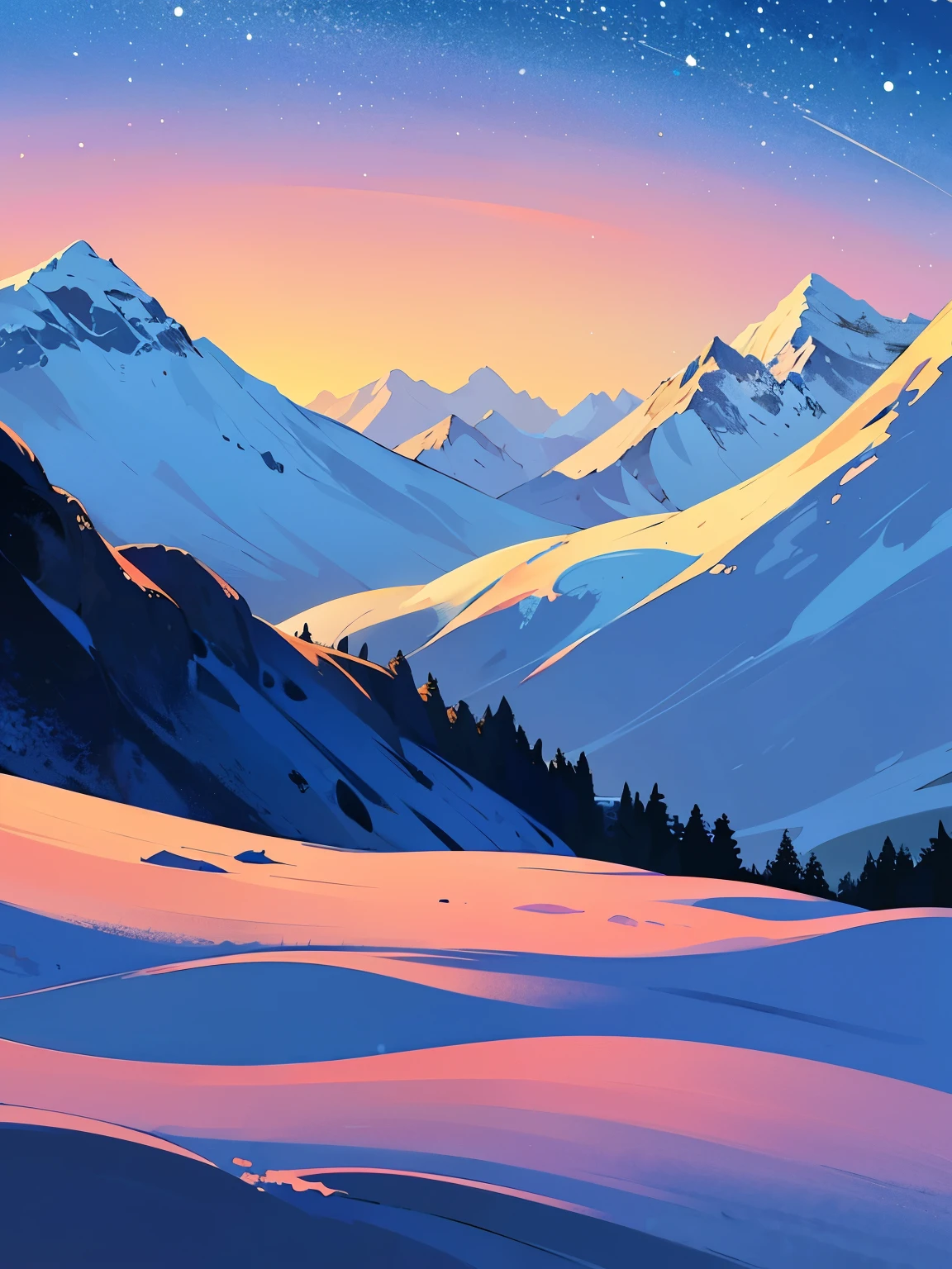 heavy snowstorm in the deep night,starry sky,((There are no people)),Nobody is here,((there are no artifact)),((Snowy himalayas mountain with a severe snowstorm)),There is no road,No buildings,beautiful Nature,High quality,Detailed