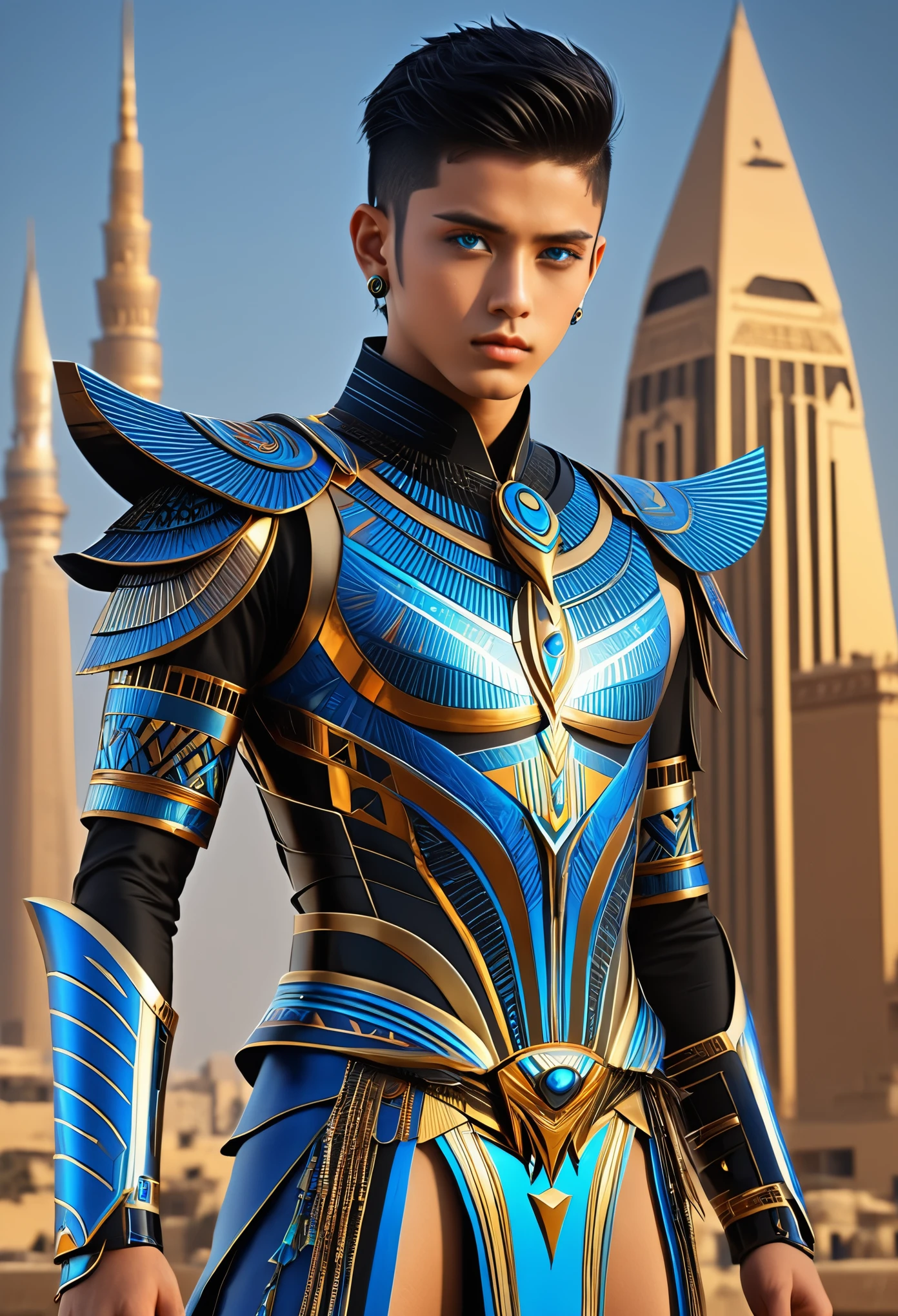 (high quality), (masterpiece), (detailed), 8K, Hyper-realistic illustration depicts (Japanese boy1.3) with striking (vibrant blue eyes1.2) and (jet-black hair1.2) styled in a trendy (undercut1.2), dressed in a fusion of (traditional Egyptian pharaonic attire1.2) and (futuristic armor1.2) adorned with (intricate hieroglyphic patterns1.2) and (glowing golden accents1.2). He stands in a (modern Cairo cityscape1.2) with (neon-lit skyscrapers1.2) and (holographic advertisements1.2) surrounding him, exuding a sense of (cutting-edge technology1.2) and (cultural fusion1.2). In the style of Amr Elshamy, trending on DeviantArt.