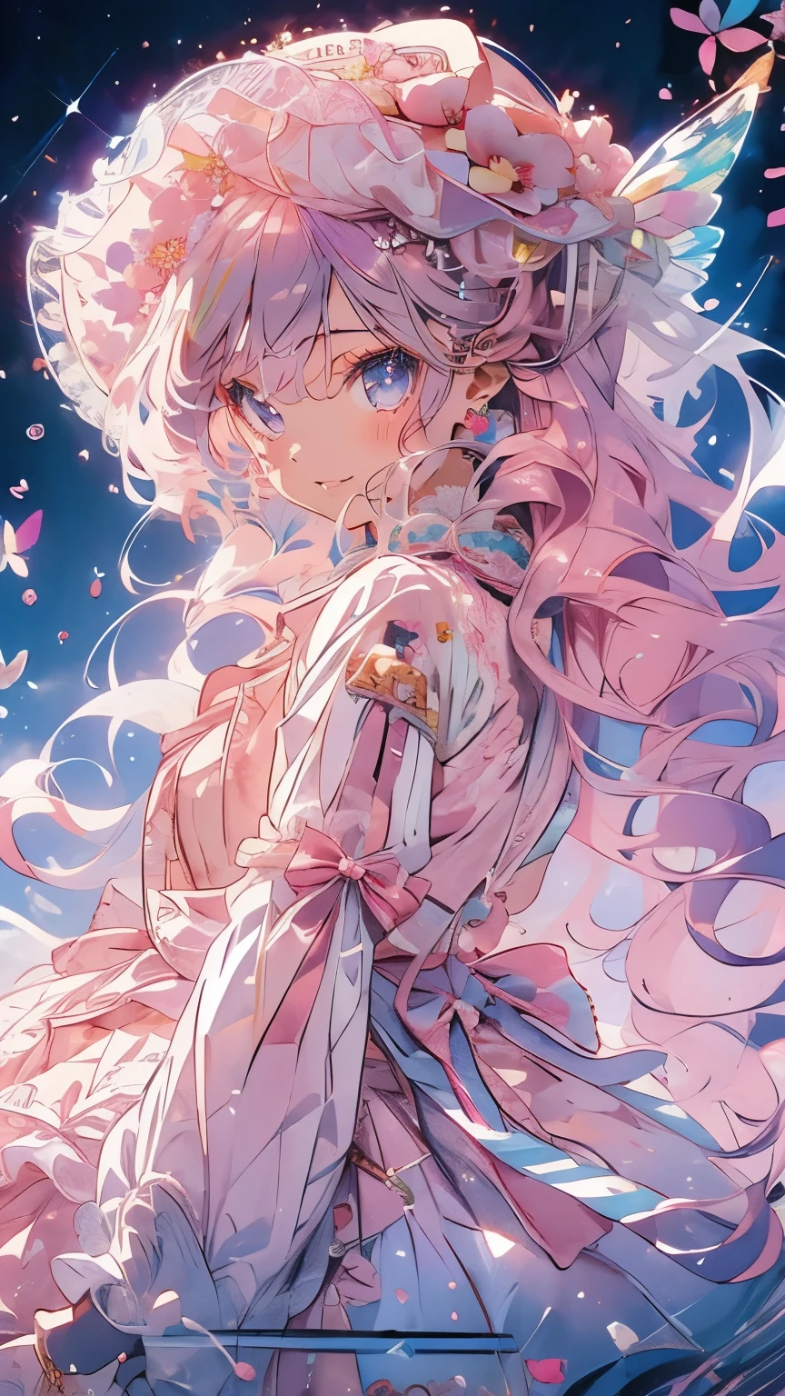 (Mastepiece)、(Best Quality)、Highly detailed face、Anime Girl、1 girl、Pink ta Clothing、Pink Hair、Fluffy long hair、Lots of flowers、butterfly々、petal、smile