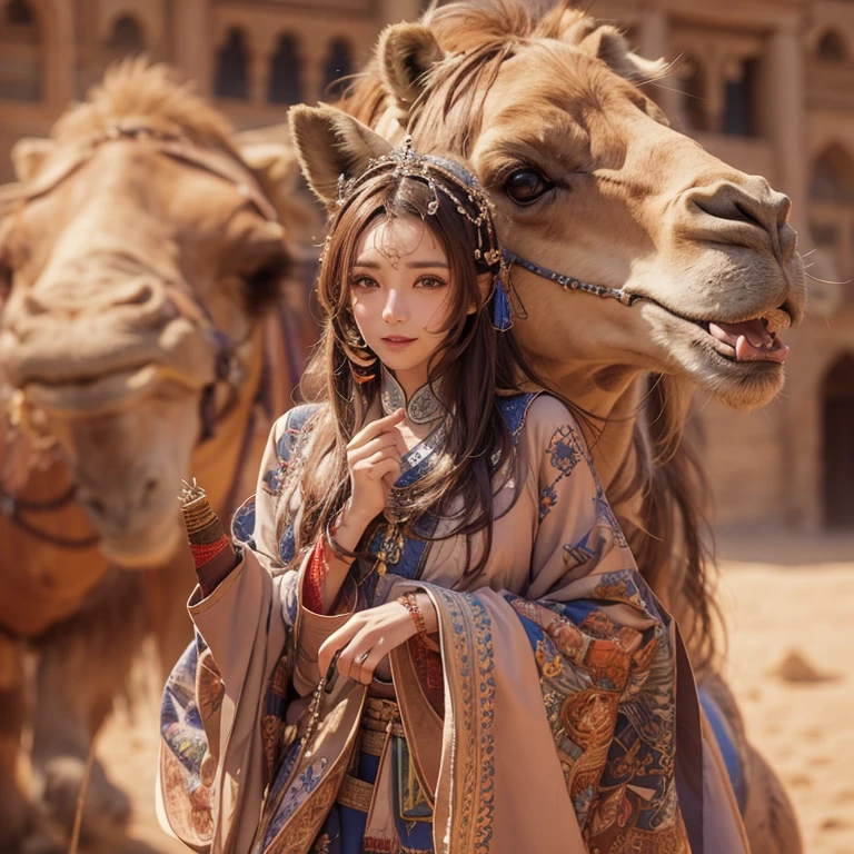 Hiding in the desert、Hair Flow、 ((Highest quality、masterpiece、8k、Best image quality、Ultra-high resolution、Award-winning works)、(Accurate anatomy:1.1)、(Look at me and smile:1.1)、Shining fair skin with Ultra-high resolution、The most detailed face、Ultra-high resolution detailed face、Ultra-high resolutionの髪の毛、(Ultra-high resolutionの煌めく瞳:1.1)、Beautiful face drawn in every detail、(Blurred Background:1.1)、Ancient Islamic clothing, Chest to chest, tattoo, Old ruins in the background、ride on the camel
