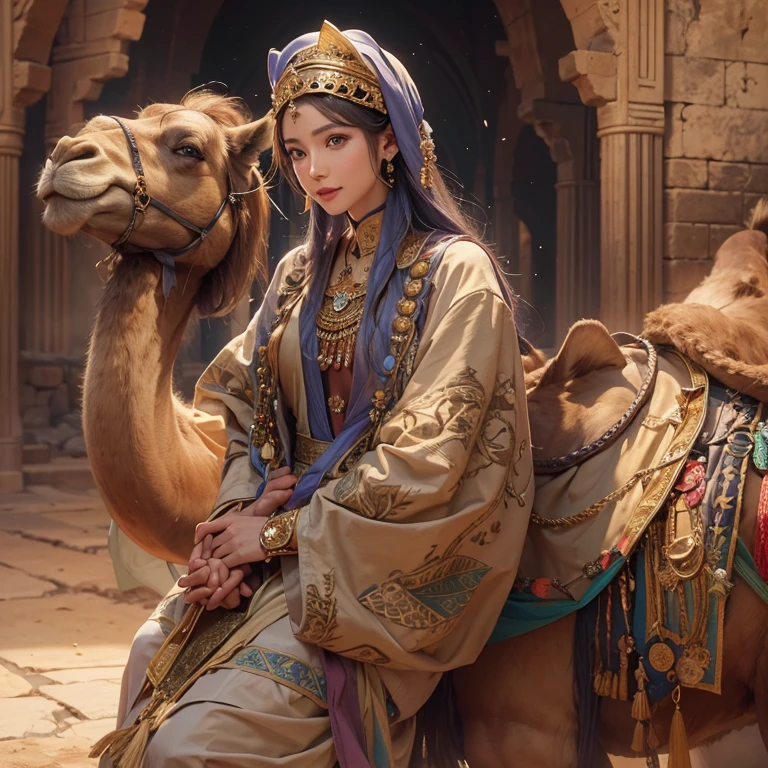 Hide in the desert、Hair flows、 ((highest quality、masterpiece、8k、best image quality、ultra high resolution、Award-winning work)、(accurate anatomy:1.1)、(look at me and smile:1.1)、Shining fair skin with ultra high resolution、most detailed face、ultra high resolution detailed face、ultra high resolutionの髪の毛、(ultra high resolutionの煌めく瞳:1.1)、Beautiful face drawn in every detail、(blurred background:1.1)、ancient Islamic clothes, chest together, tattoo, Old ruins in the background、ride a camel