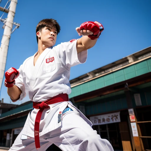 Street Fighter、Ryu、White karate uniform、Black belt、Red Punch Gloveale、Muscular、Karate stance、Angle from below
