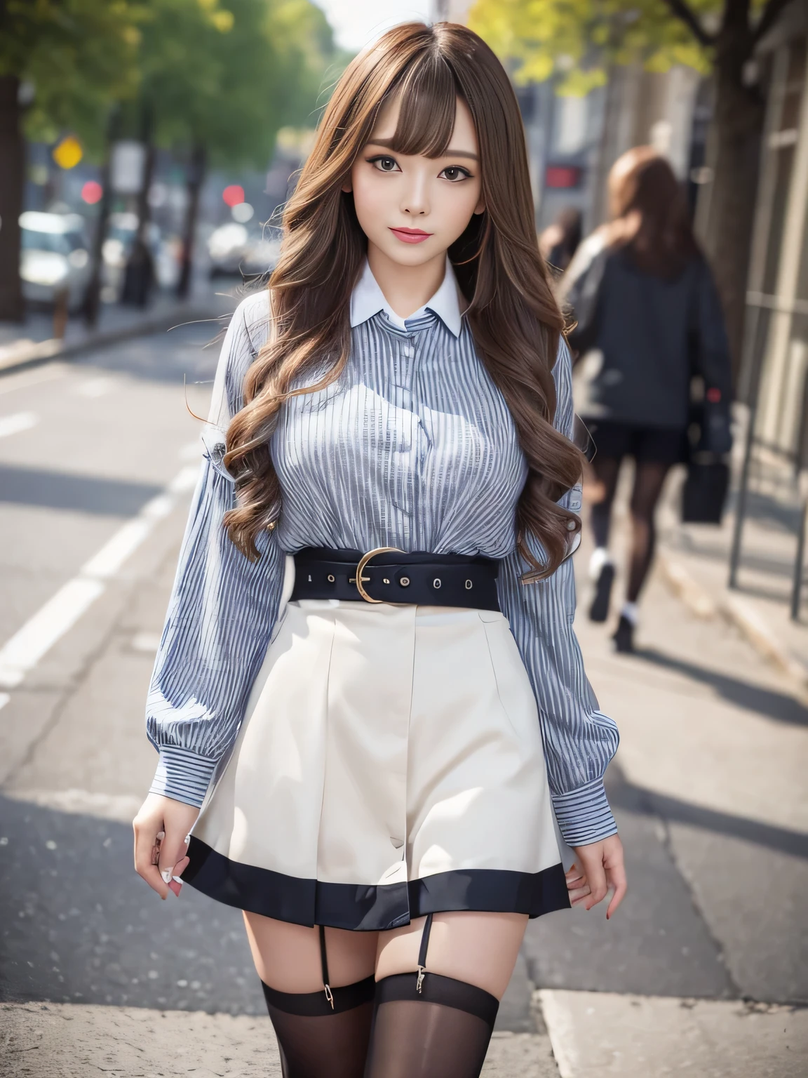 (highest quality、超A high resolution、masterpiece:1.3)、Tall and beautiful woman、Long eyelashes, Striped Hair, Light brown hair, Hair behind the ear, Long hair with bangs, Shorts, mini skirt, Long eyelashes, Lips parted, Surrealism, Cast a Shadow, Anaglyph, Stereogram, Surrealism, Verism, Depth of written boundary, Backlight, Expose F/1.2, First Person View, Super Detail, Accurate, highest quality, Hmph, Tabletop, Textured skin, highest quality, hard disk, 8k, City park, Blurred Background, ((Big breasts and small waist)), Thin thighs, (Huge boobs:1.1), Natural color lip, smile, Collared shirt, Black Pantyhose, Long legs, Young woman with perfect style, Tight mini skirt suit