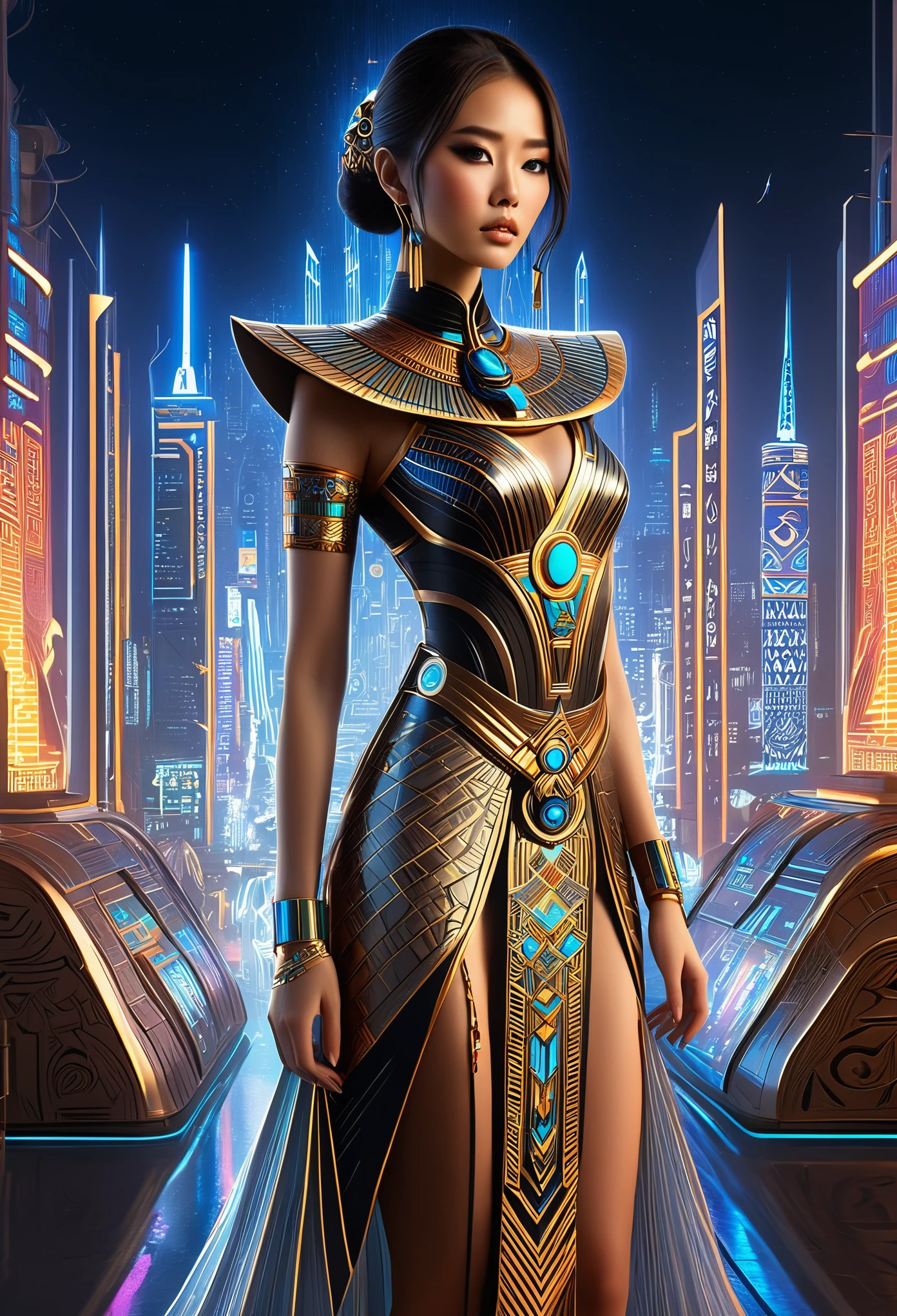 (high quality), (masterpiece), (detailed), 8K, Hyper-realistic digital illustration depicts a (Japanese woman1.3) wearing a (futuristic ancient Egyptian-inspired dress1.2) with (intricate hieroglyphic patterns1.2) and (gold accents1.2) inspired by Egyptian culture. Her (fantasy outfit1.2) is adorned with (glowing accents1.2) and (neon lights1.2), reflecting the modern and futuristic atmosphere. She stands amidst a (neon-lit cityscape1.2) with (holographic advertisements1.2) and (futuristic skyscrapers1.2), in style of Ash Thorp, trending on DeviantArt.