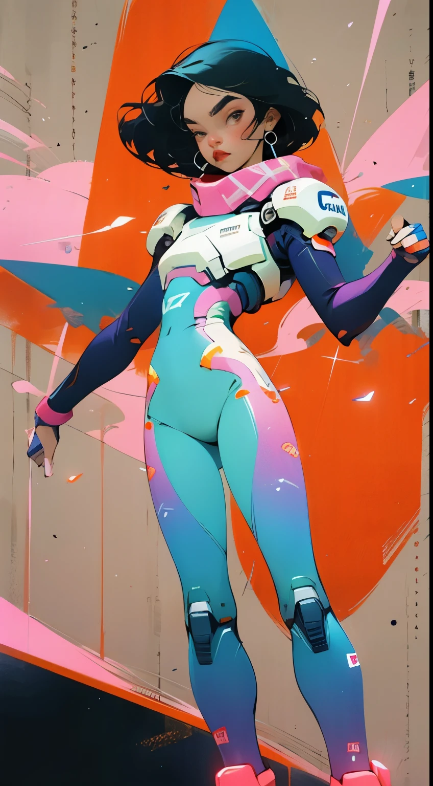 (ultra detailed,ultra high res,detailed background),((2D)),((flat color)),((muted color)),((floating neon)),1girl,solo,looking at viewer, BREAK, spray paint, graffiti, girl in a white fencing suit, long plush scarf, full body image, adult woman, anatomically perfect face, face in focus, symmetrical face, rollerskates, cyborg arms