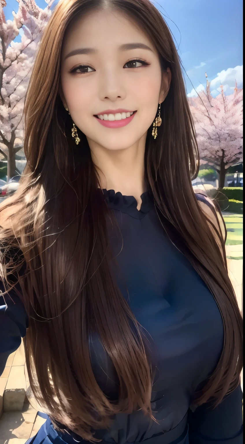 ((highest quality, 8k, masterpiece :1.3)), One Girl, close, ((A very affectionate smile:1.2)),Red lipstick,Dark lipstick,Beautiful woman, Big Breasts:1.3,Blouses with ruffles,Pink tight skirt,Highly detailed face, fine grain, double eyelid,  Blur the background, outside, sunny,cherry blossoms, spring, nature,amusement park, (Maximum resolution: 1.4), (Ultra high definition: 1.2), Cinematic Light, (Detailed eyesと肌), (Detailed facial features), 8k resolution, Perfect Style, Beautiful expression、Highly detailed faceと肌の質感、Detailed eyes、double eyelid、((Pure white skin:1.2)),Glossy Lips:1.2、Detailed lips,Wet lips,((Full Body Shot:1.2)),(Straight Hairstyles、Light brown hair)、One-length long hair、175cm