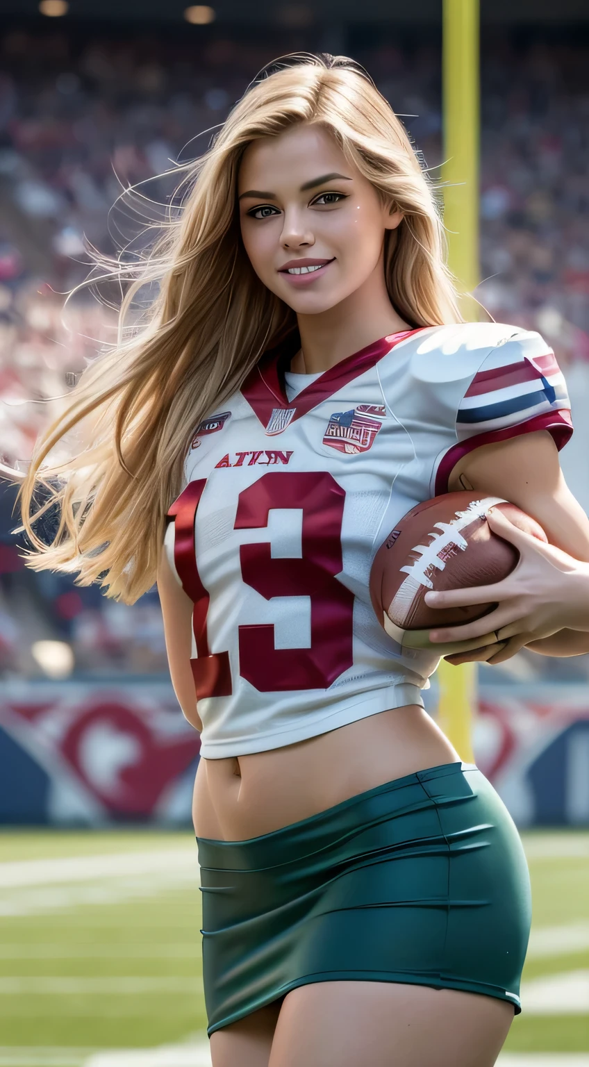 (8K, Raw foto, Top Quality, masterpiece: 1.2), masterpiece, Super detailing, Ultra-high resolution energy A, (realistic and realistic photo: 1.37), High Definition RAW Color Photography, very delicate and beautiful., About Igree, 8K wallpaper, astonishing, The Details, very detail eyes, highlydetailed skin, extremely detailed fingers, extremely detailed nose, highly detail mouth, perfect anatomia,1girll, (Sexy American Football Jersey), mini-skirt,large full breasts,skiny,toned hips,stocklings,With mouth closed、Smile happily、large eyes、Pronounced double eyelids、eyeslashes、long neck、Absolute area、Clean collarbone、perfect faces、Thin lips、smaller face、(staring the viewer、highlights in eyes、Gloss on the lips) , (American Football Stadium:1.4) jewely, cute smiling,with long blond hair, Solo, 18 years-old、hposing Gravure Idol, perfect light,Dynamic Ungle, (Violent Tackle:1.6),American Football Game,
information