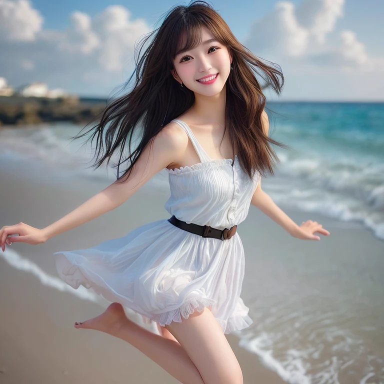 Photo-realistic quality、A woman in her fifties wearing a white frilly dress and running on the beach with her arms outstretched, mini skirt、Beautiful cute, cute beautiful, Beautiful girl model, Cute Woman, Gorgeous Young Japanese Woman, Narrow waist, Beautiful model girl, Slim girl model photo, pretty girl, Beautiful and cute smile、Detailed and beautiful eyes、looking at the camera