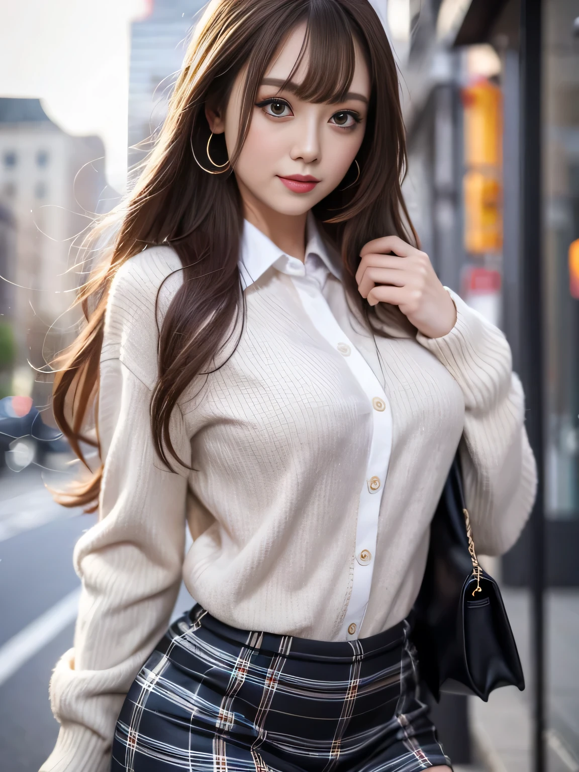 (highest quality、超A high resolution、masterpiece:1.3)、Tall and beautiful woman、Long eyelashes, Striped Hair, Light brown hair, Hair behind the ear, Long hair with bangs, Shorts, mini skirt, Long eyelashes, Lips parted, Surrealism, Cast a Shadow, Anaglyph, Stereogram, Surrealism, Verism, Depth of written boundary, Backlight, Expose F/1.2, First Person View, Super Detail, Accurate, highest quality, Hmph, Tabletop, Textured skin, highest quality, hard disk, 8k, City park, Blurred Background, ((Big breasts and small waist)), Thin thighs, (Huge boobs:1.1), Natural color lip, smile, Collared shirt, Black Pantyhose, Long legs, Young woman with perfect style, Tight mini skirt suit