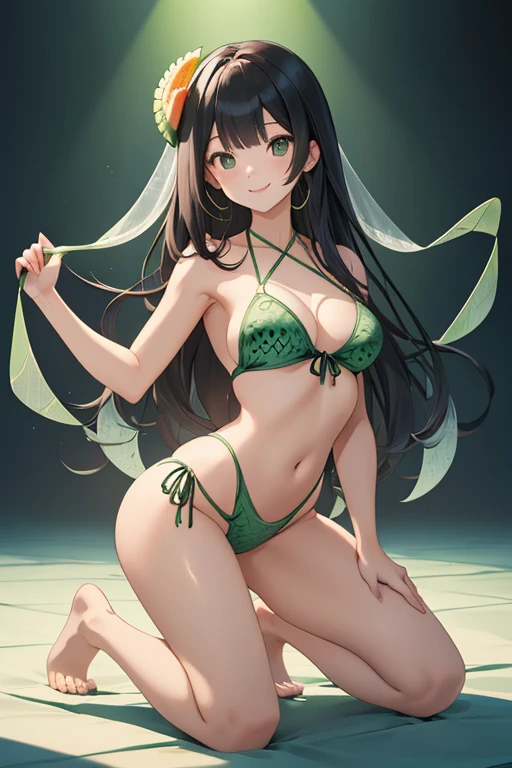 1 Female、Reincarnated female cantaloupe melon form、cantaloupe-melon-inspired swimsuit、Perfectly round-shaped cantaloupe-melon bikini、(cantaloupe-melon mesh pattern:1.2)、white mesh pattern rind, Photorealistic cantaloupe-melon peel texture、Bright green and light green、tie side with melon vine,  perfect proportion, complete slim curve, playful smile, half opened mouth, black long hair, goddes posture, kneeling down on one hand, rising up the other hand, 