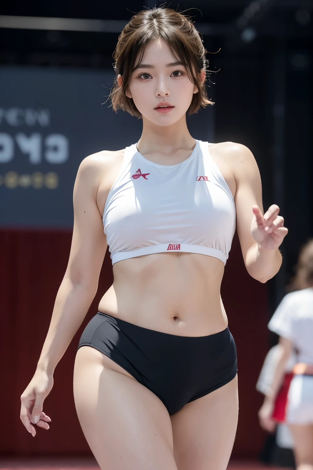Beautiful details, best quality, 8k, Highly detailed face and skin texture, high resolution, Short-haired Japanese girl shows off her plump abs on the runway in sports and bloomers, Looking at the audience, Clear focus