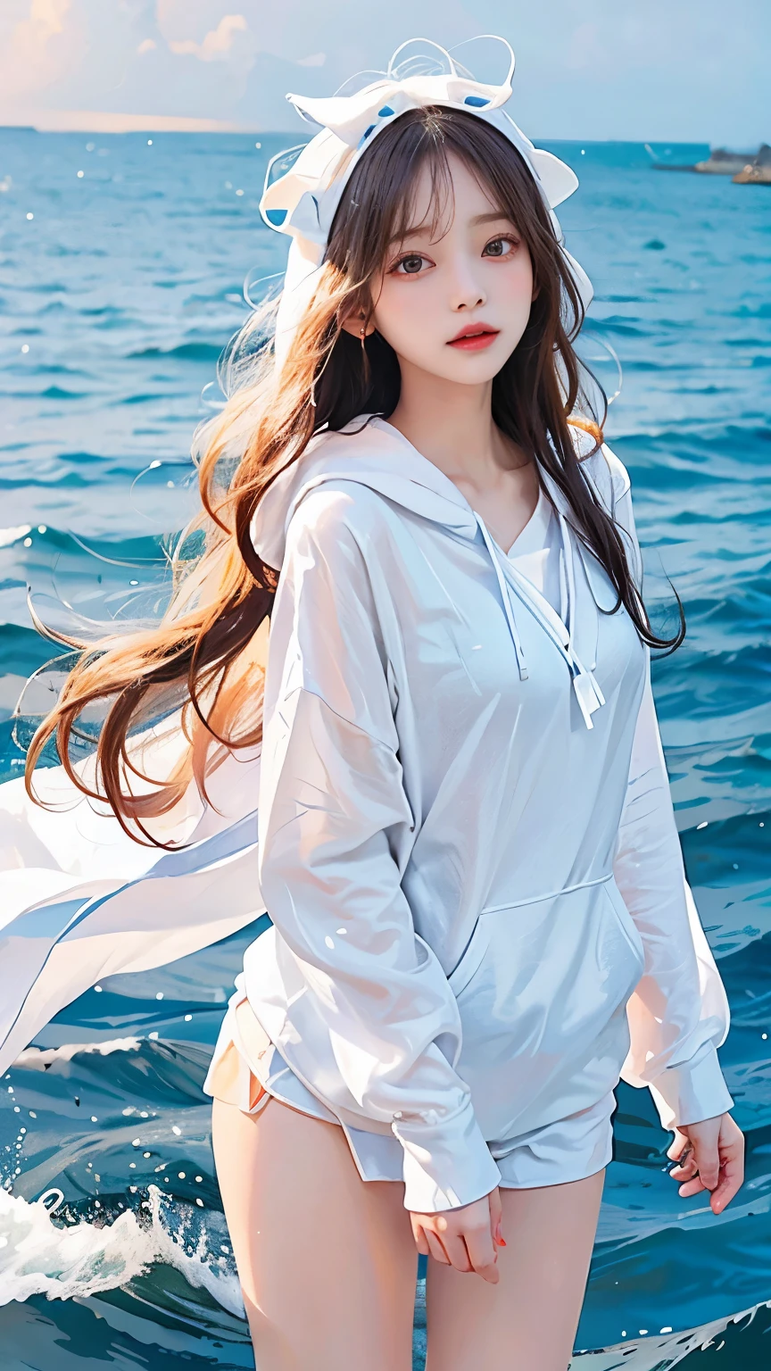 In the clear blue sea、Wearing a white hoodie fluttering in the wind、A woman in shorts、Standing on the waves。Her hair is long、Shine white、Swaying with the waves。Red Eyes