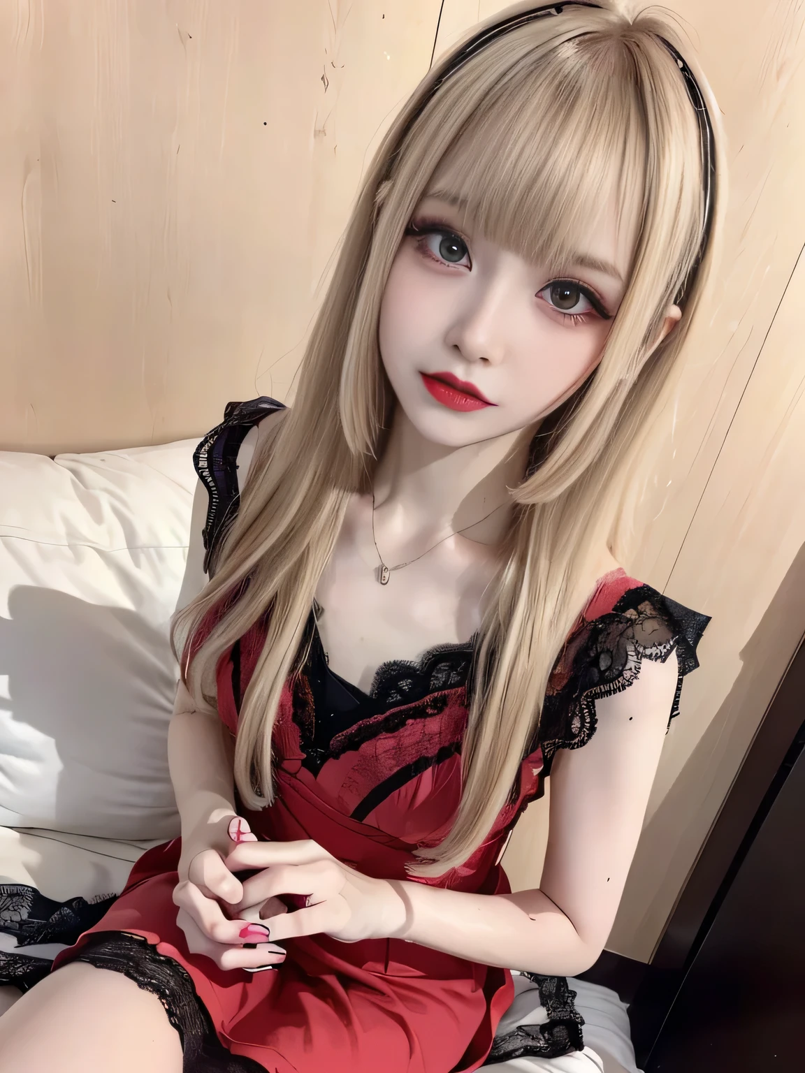 RAW Photos, 8k, (highest quality), Realistic, (Live Action, Intricate details), (Natural skin texture, Detailed skin, Hyperrealism, Sharpness), (Japanese girl in hotel, Look Down, Bedroom), ((Lace panties, bra )), (Pale skin:1.2), Slender body, ((Light blonde hair:1.3, Long Hair, Blunt bangs)), (Melancholic face, Expressions of sadness, Lips parted:1.3, eye shadow, eyeliner, Tears bag:1.2, Red lips, Dark circles under the eyes, Are crying, tears:1.2), At night, Full Body Shot,black and pink camisole