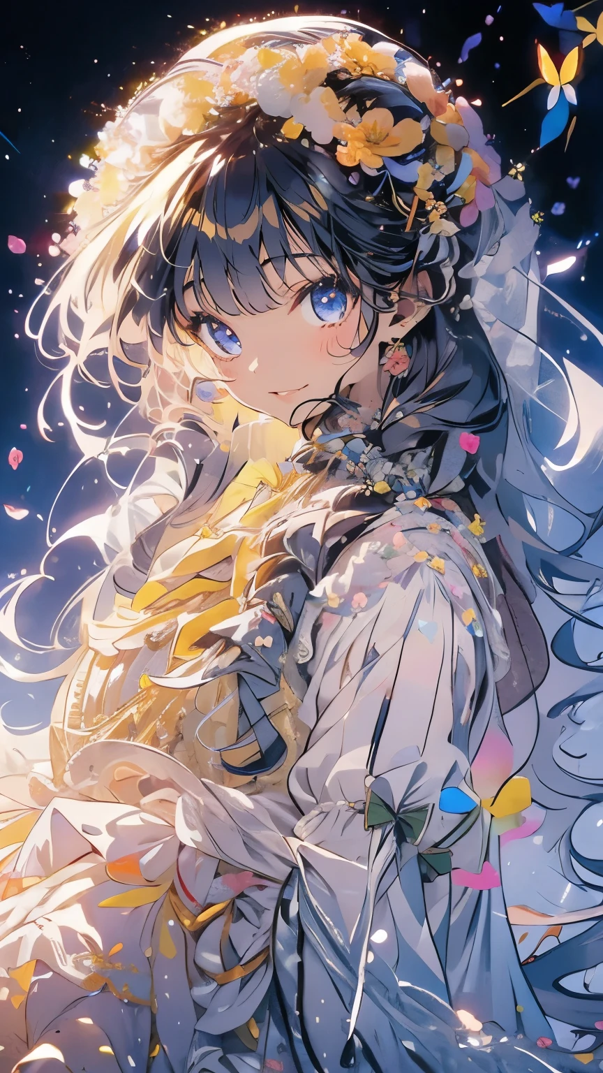 (Mastepiece)、(Best Quality)、Highly detailed face、Anime Girl、1 girl、Yellow Lolita Clothes、Long Hair、Lots of flowers、butterfly々、petal、smile
