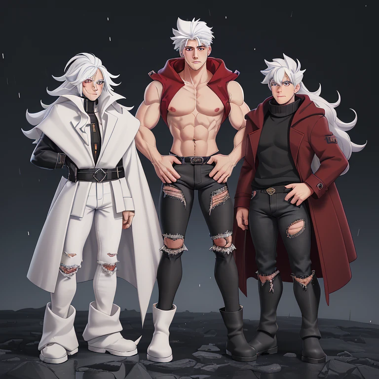 a male with fluffy white hair, heterochromia, and wearing mummy wrappings head to toe and a wearing a pair of black jeans with a torn knee hole tucked into black steel toe rain boots with the tops folded down, a red sweater, and a long maroon coat with a big black fur hood with white tips.