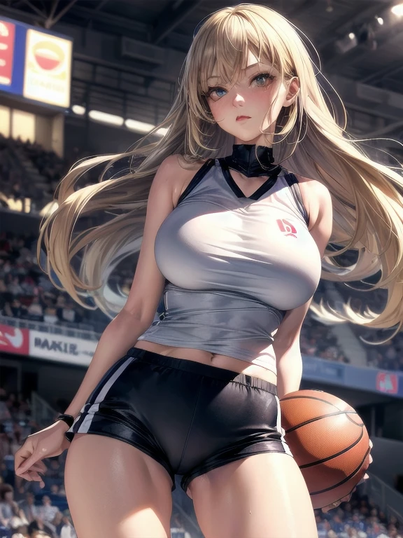 (Best Quality, masutepiece),ultra detailed photographic,1girl in, Female basketball players ,Large breasts,nice legs,At the basketball venue,Detailed beautiful face,Beautiful eyes,detailed hairs,detailed clothes,Detailed realistic skin,Cool,Dynamic Angle, wearing shorts
