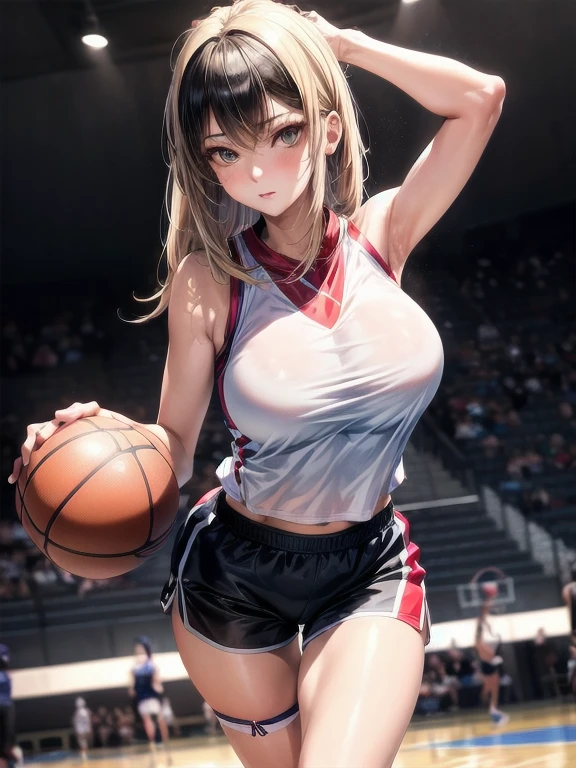 (Best Quality, masutepiece),ultra detailed photographic,1girl in, Female basketball players ,Large breasts,nice legs,At the basketball venue,Detailed beautiful face,Beautiful eyes,detailed hairs,detailed clothes,Detailed realistic skin,Cool,Dynamic Angle, wearing shorts