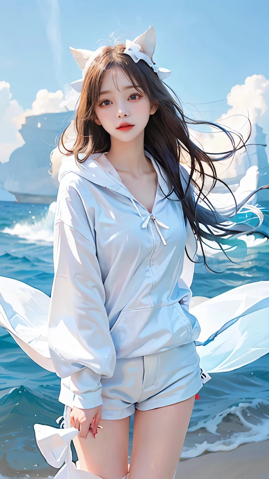 In the clear blue sea、Wearing a white hoodie fluttering in the wind、A woman wearing shorts、standing on the waves。Her hair is long、Shine white、Swaying in the waves。Red eyes