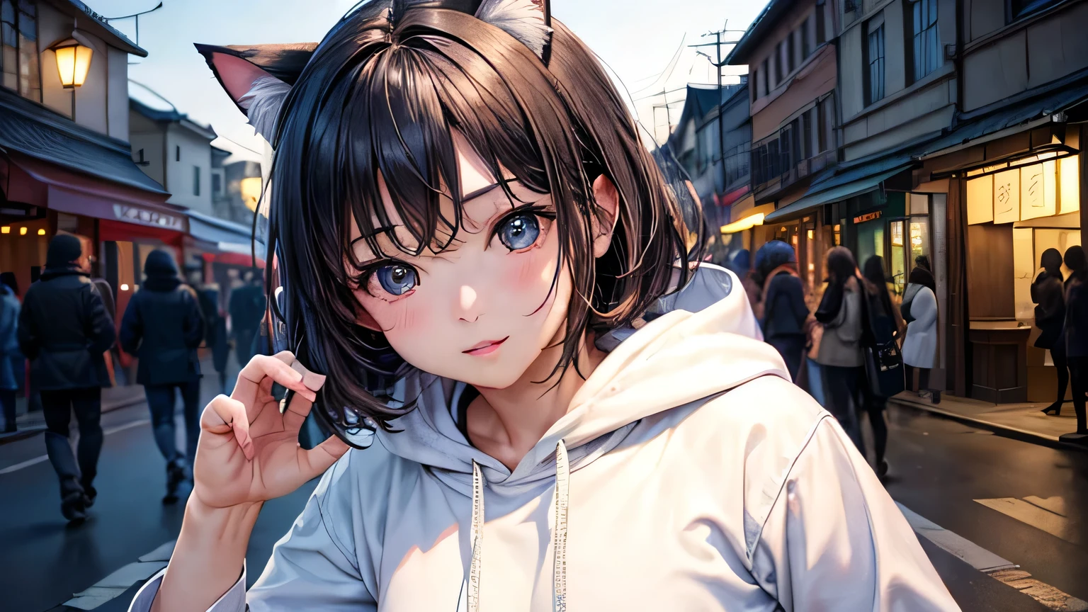 highest quality、masterpiece、Ultra-high resolution、Detailed and highest quality depiction of the upper body、(Realistic:1.4)、1 Cat Eared Girl、、The ultimate beauty、so beautiful, Shiny, Light、Super Short Hair、Detailed and highest quality eye depiction、charm、large black hoodie、midnight、bustling street、Neon light、