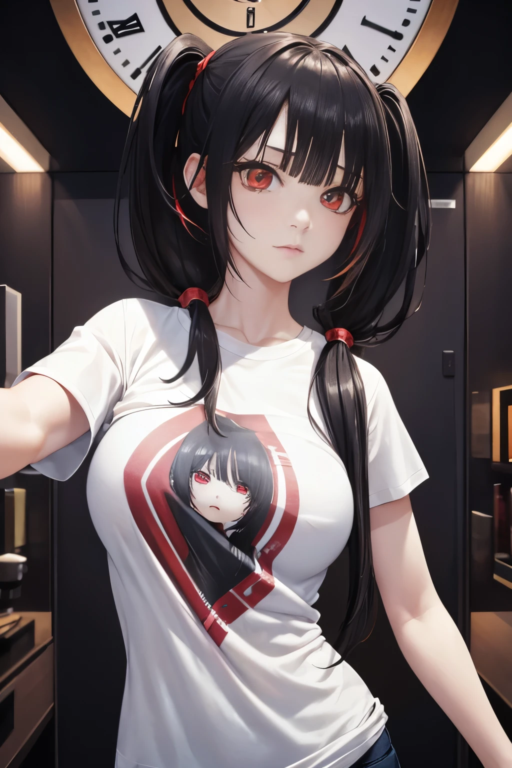 Optimal，masterpiece，High resolution，highest quality，Hyper HD，Very detailed，Award-winning，16k，alone，（Upper Body），Correct Anatomy，Beautiful Cyberpunk Girl，Upper Bodyの写真、Cute face，，Black Hair、Long Hair、Twin tails、Hairline，（（Scarlet Eyes）），Long eyelashes，Drooping eyelids，White skin，((Shoot from the front:1.5)), ((Tight T-shirt:1.5)), ((Clock Top:1.5))、rocket , (Large Breasts),