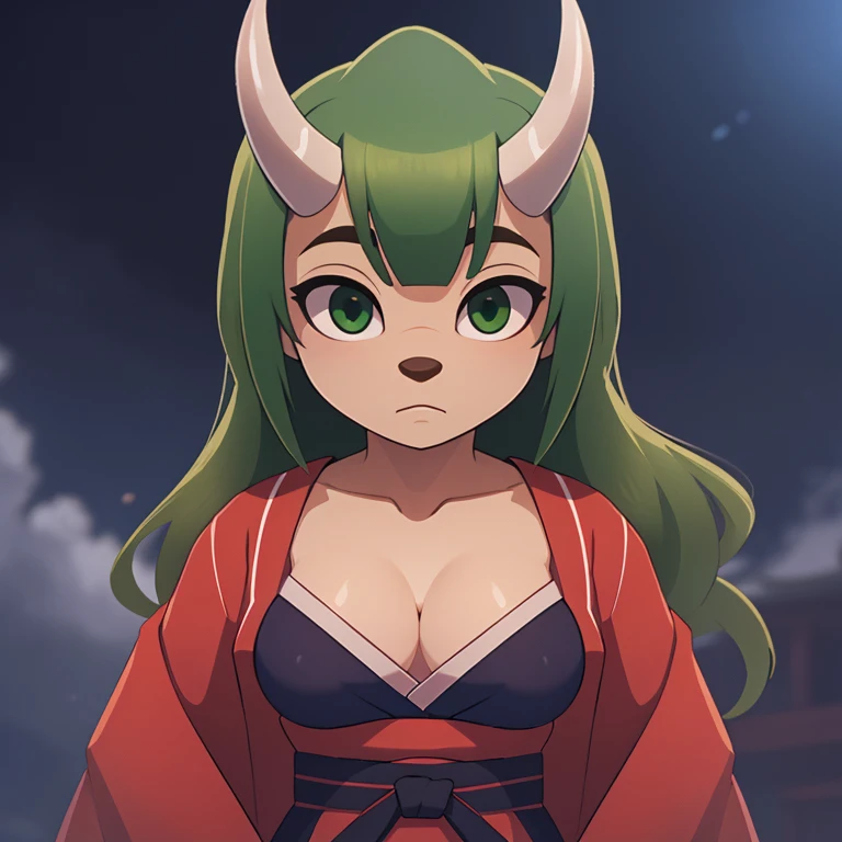 1girl, bangs, breasts, cleavage, collarbone, green_eyes, kimono, (cinematic, atmospheric:1.3), oni, samurai, green_hair, horns, japanese_clothes, kimono, small_breasts, long_hair, looking_at_viewer, open_clothes, solo, upper_body