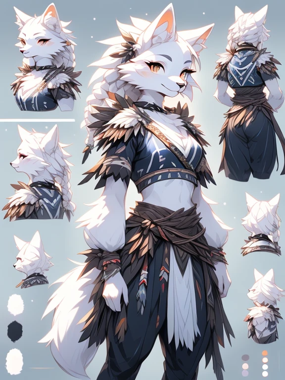 ( Absurdly , High quality , ultra detailed ) ,( hand detailed ) , 1girl, solo, mature, (concept art, character sheet), absurdres(highly detailed beautiful face and eyes)perfect anatomy Solo, sfw, Young Female white fox-cat (((lean-body))) (((motherly figure))) (((medium breasts))) (short snout),(((fur (black stripe) between neck and shoulder towards chest))) ((fur (black stripes) on waist))(ears are darker), (heterochromia (orange, violet)), (cat tail (black at end)), (white hair (single-braided)), (fantasy adventure type clothing ((violet shirt (crop top))), (navy-blue belt) khaki pants)), happy ((looking at viewer)) ((Female wolf)) (detailed eyes) (clevedge, (collarbone, shoulders), (solo, (1girl)) ((((fluffy white fur)))) ((extremely detailed fur)) (violet crop top) ((hair in face)) (big braid), sfw, (thin long tail) (heterochromia) (extremely detailed eyes) joyful (((concept art, character sheet, (multiple views)))) ((adventure fantasy, snow tribal clothing)) (motherly figure) (snow tribe clothing)