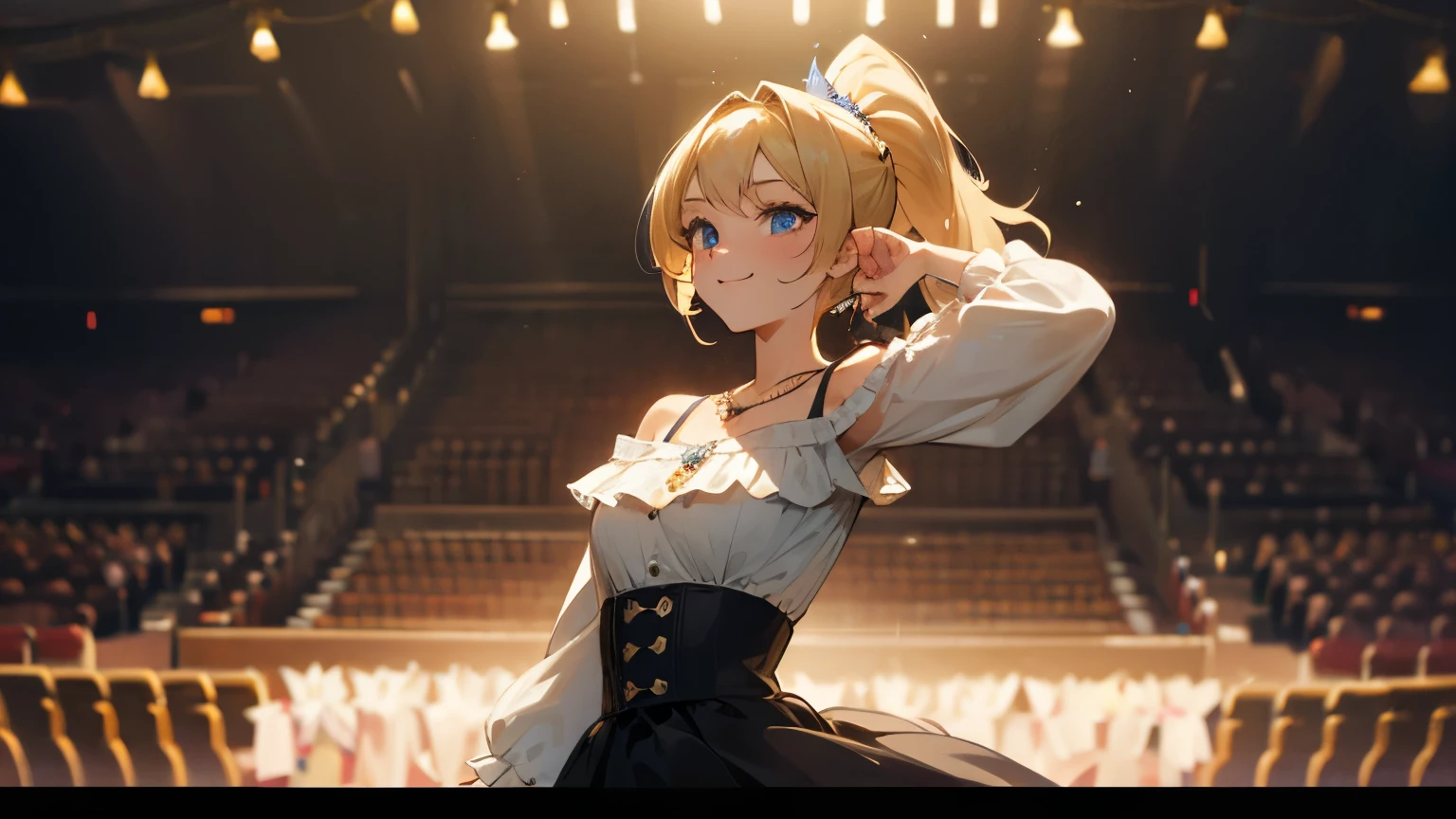 masterpiece, best quality, beautiful, insanely detailed, hyper detailed, female, happy, glad, delightful, cheerful, in the theater, kawaii, beautiful, dreamy atmosphere, romantic academia, spot lighting, stage lights, dramatic lighting, upper body, blonde, blue eyes, big eyes, fair skin, short, slender, skirt, gyaru, off shoulder, necklace, 20-year-old, ponytail, frilled clothing, dance