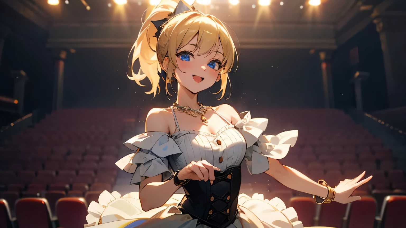 masterpiece, best quality, beautiful, insanely detailed, hyper detailed, female, happy, glad, delightful, cheerful, in the theater, kawaii, beautiful, dreamy atmosphere, romantic academia, spot lighting, stage lights, dramatic lighting, upper body, blonde, blue eyes, big eyes, fair skin, short, slender, skirt, gyaru, off shoulder, necklace, 20-year-old, ponytail, frilled clothing, dance