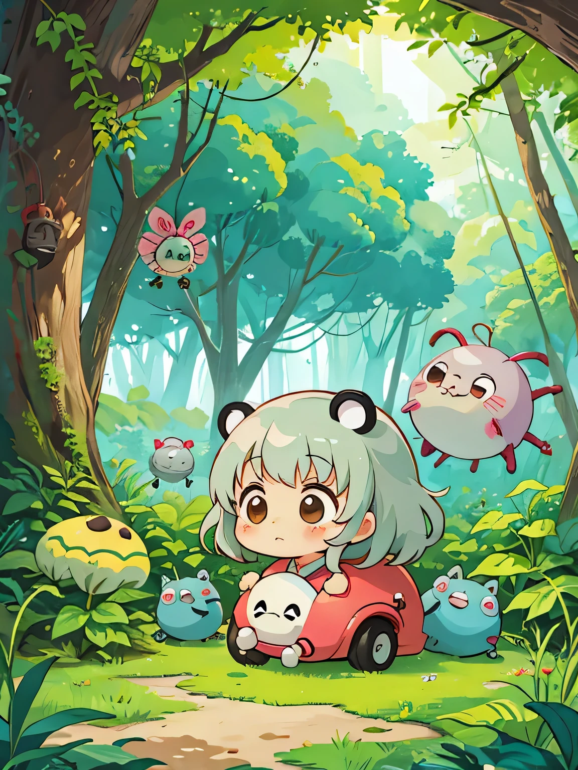 hayao miyazaki style, Kawaii Design, The most beautiful girl of all time、Chibi, Cute and colorful pillbugs、play together、Lots of pillbugs、Totoro Forest