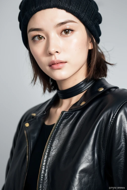(8k:1.27), highest quality, masterpiece, Ultra-high resolution:1.2) beautiful日本人女性の写真
 (beautiful:1.1) (Sci-fi warrior woman:1.1) Space Soldier, (Beanie:1.61) (leather jacket:1.21) (choker) (short hair) Complex and elegant, Fantasy, detailed, By Greg Rutkowski and Alfons Mutch『ometric』, Soft lighting