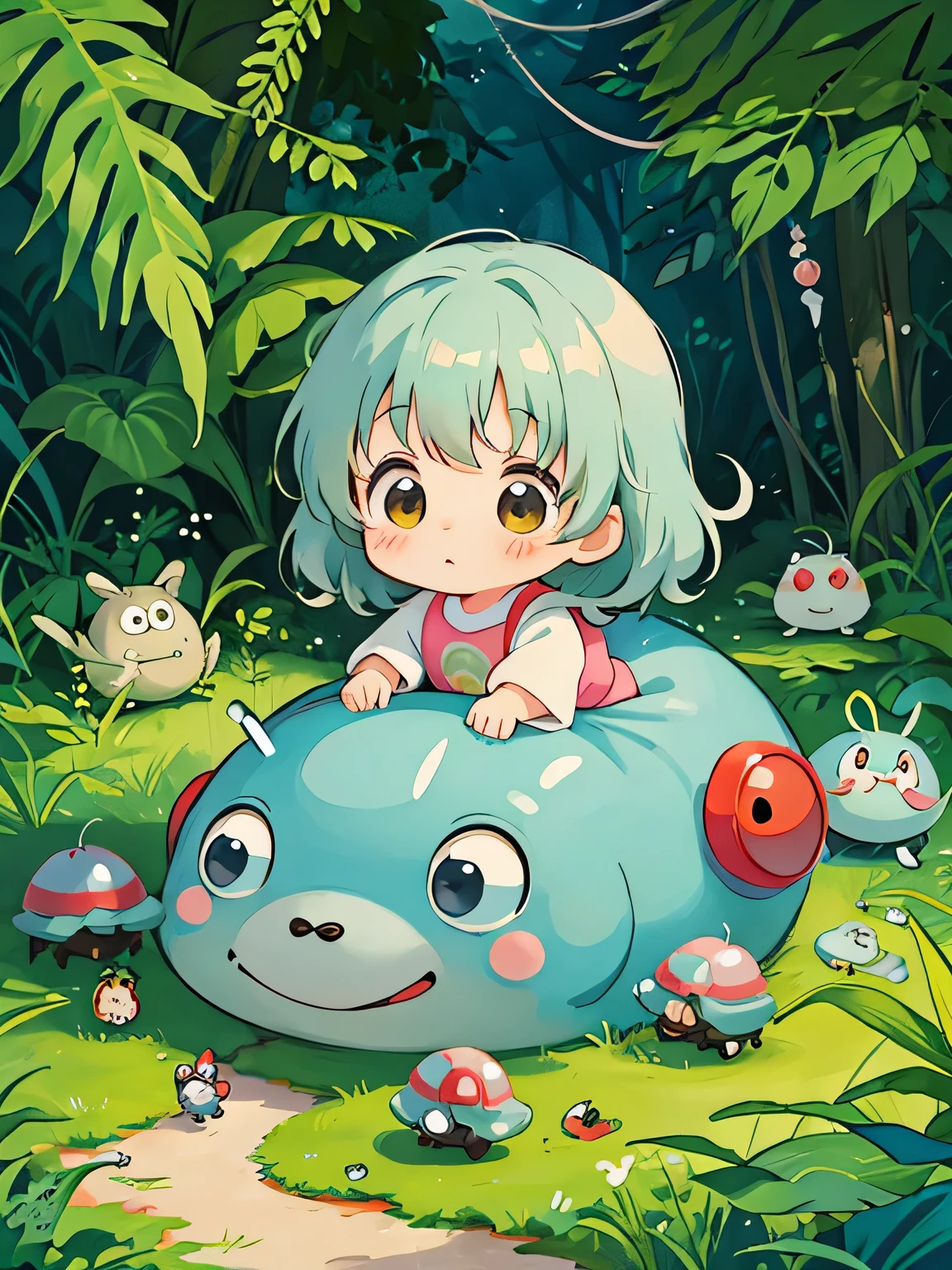 hayao miyazaki style, Kawaii Design, The most beautiful girl of all time、Chibi, Cute and colorful pillbugs、play together、Lots of pillbugs、Totoro Forest