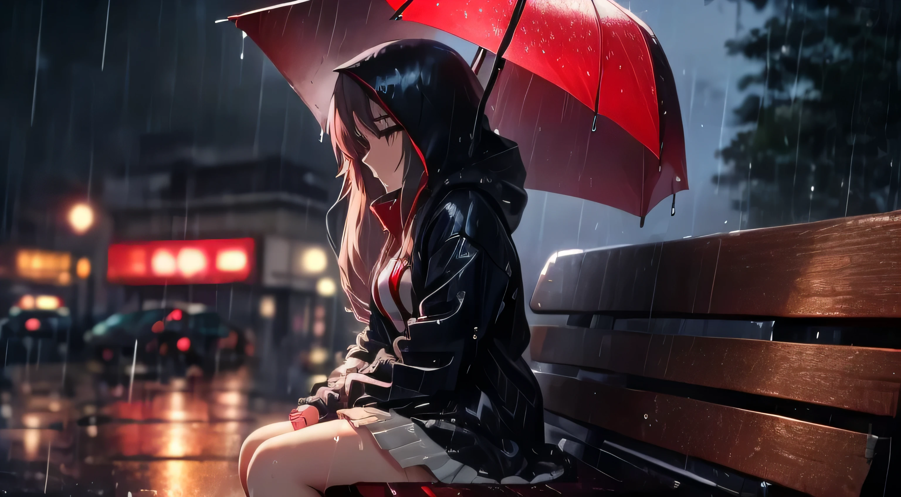 anime girl sitting on a bench in the rain with a red hood, Lo-fi anime style, Anime Wallpaper , Anime Wallpaper ,Anime Wallpaper, tears in the rain, After the rain and the girl is gone, Anime Style, in the rain, Anime Art Wallpaper , Anime Art Wallpaper , in the rain, Wet day, it's raining, girl in raincoat