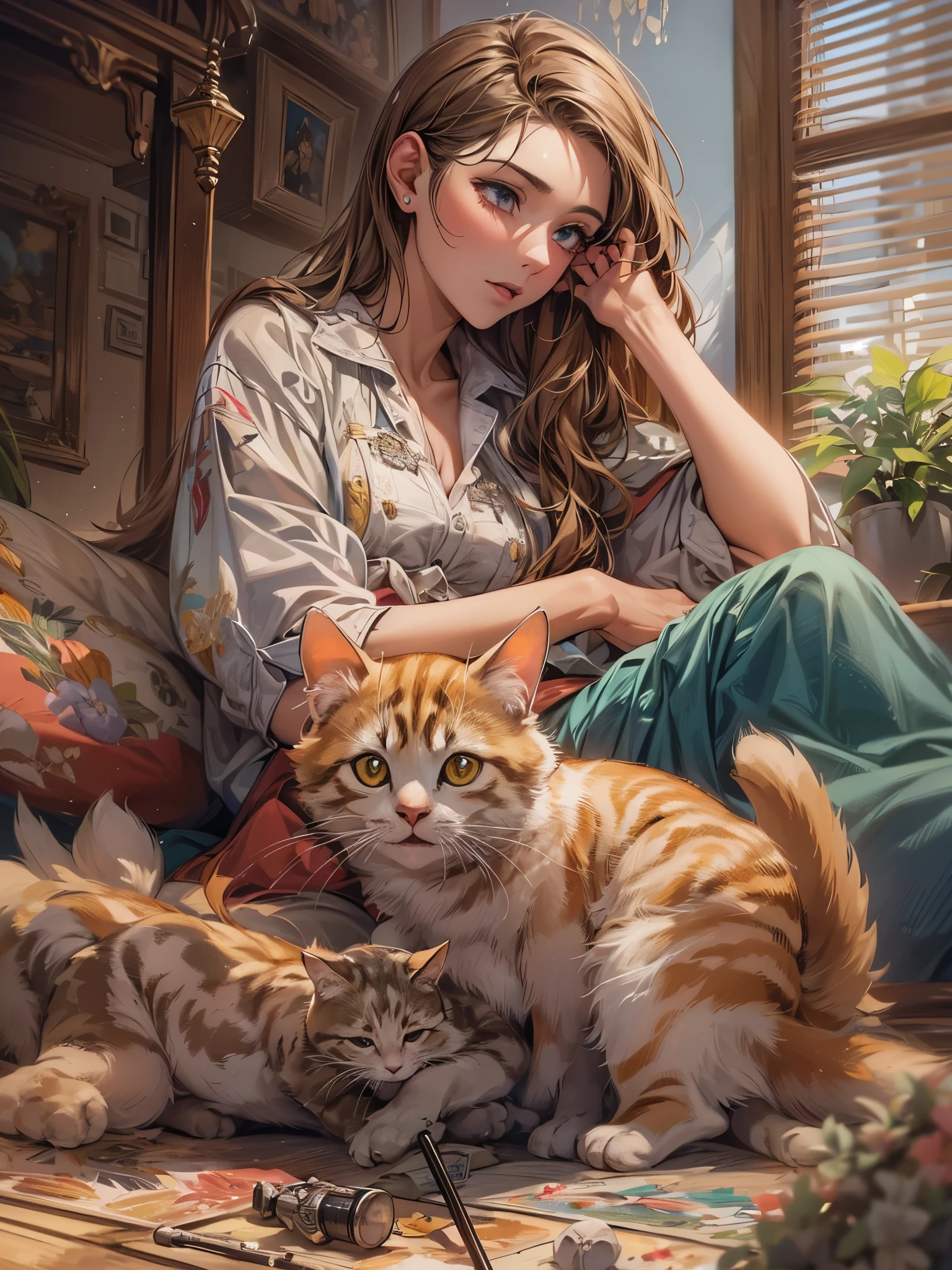 ((highest quality)),(Ultra-high resolution),(Very detailed),(Detailed Description),((The best CG)),(A masterpiece),Ultra-precise art,Amazing drawing art,(Art with precise detail:1.5), A woman talking on the phone while holding a kitten on her lap