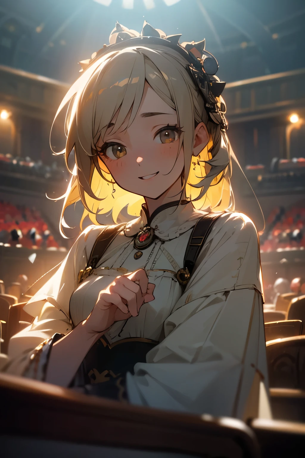 masterpiece, best quality, beautiful, insanely detailed, hyper detailed, female, happy, glad, delightful, cheerful, in the theater, kawaii, beautiful, dreamy atmosphere, romantic academia, upper body , spot lighting, stage lights, dramatic lighting
