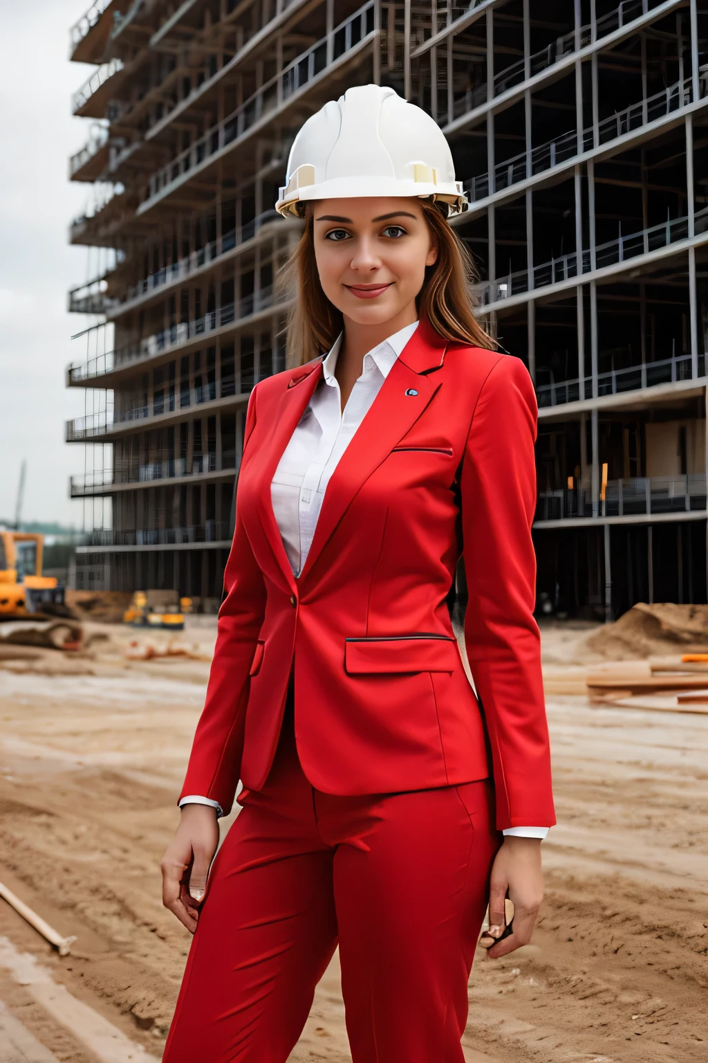 Generate a photorealistic photo of a young woman construction architect wearing a professional red suit and a vibrantwhite helmet. She should exude confidence and determination, with architectural plans or a blueprint in hand. The background should be white.